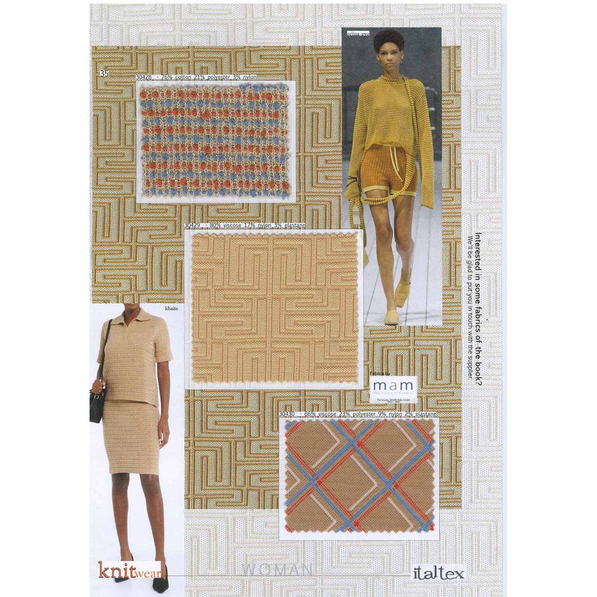 Gold and #camel become the grounds for ethnic-inspiration new geometries, #loopy yarn #openwork jumpers and red and blue graphics - from the Italtex #fabric and #color #trend #forecast #book #Knitwear Spring/Summer 2025 italtextrends.com/collections/kn…