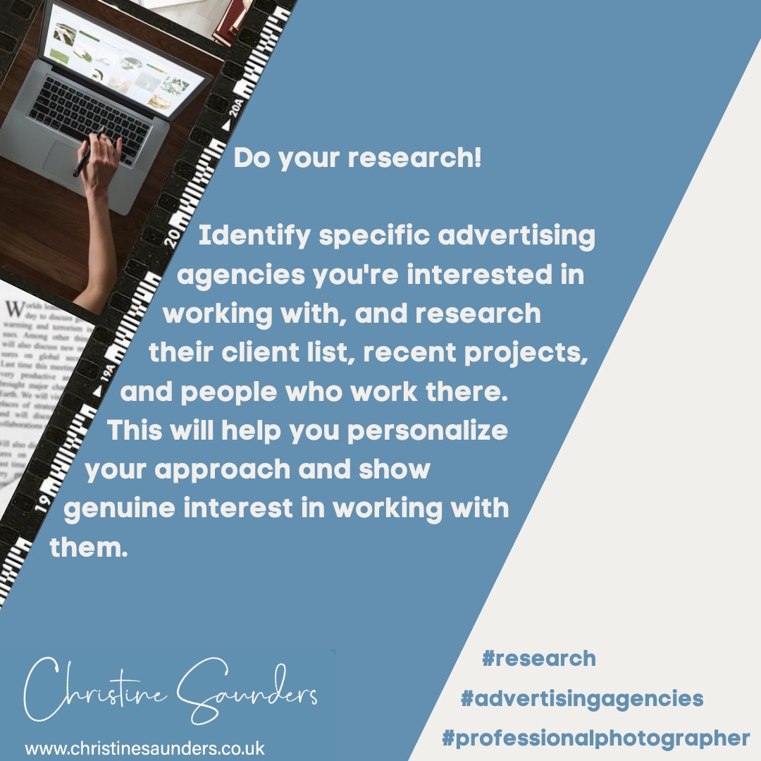 You should always do your research. Find the advertising agencies you want to work with and give it a personal approach. 

#photography #coach #advertisingtips #advertisingagencies #professionalphotographer #research