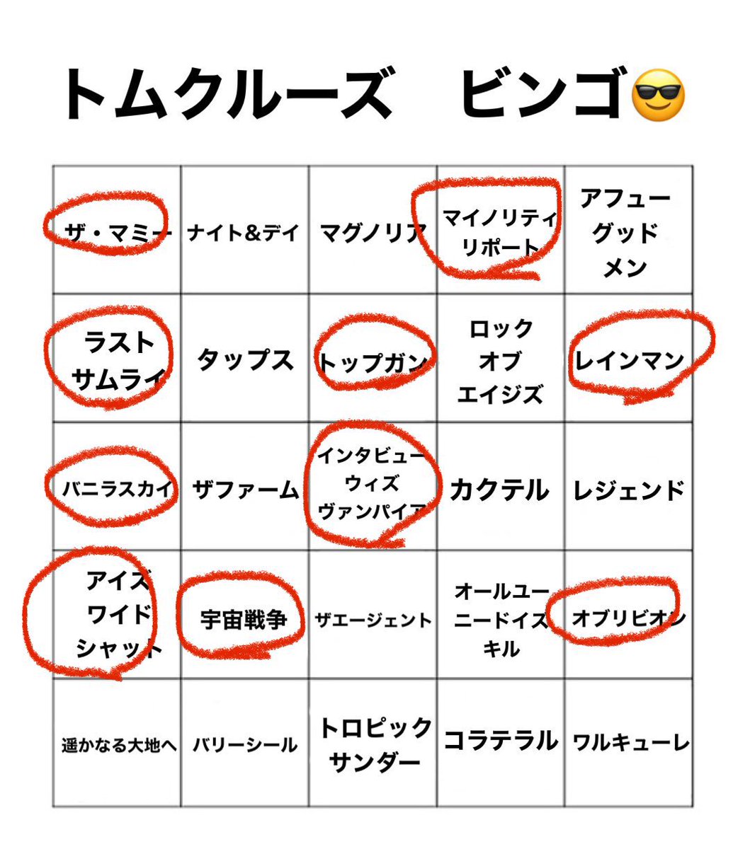 意外と観てない

＃トムクルーズビンゴ
＃トム狂うs https://t.co/MCpR5anoie