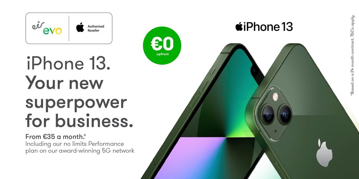 Step up to award-winning 5G with state-of-the-art iPhone #technology, in a way that’s #sustainable for your #business, with eir evo’s Apple Fleet Swap. 

Replace your current #mobile fleet with iPhone 13 for €0 upfront. 

Get in touch to find out more: hubs.li/Q01VPf2N0