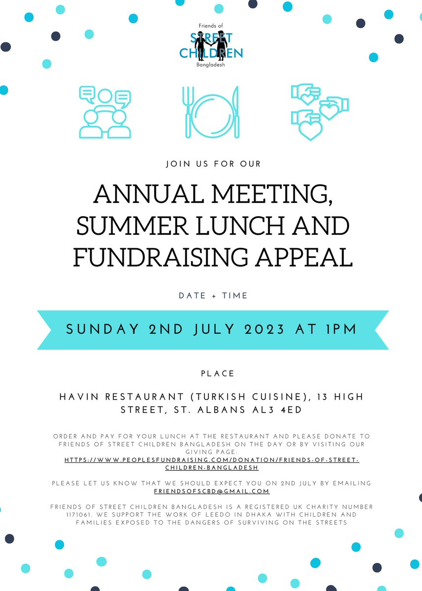 We look forward to welcoming you to our annual summer lunch on Sunday 2nd July, 1pm at the Havin Turkish Kitchen, 13 High Street, St Albans. AL3 4ED.