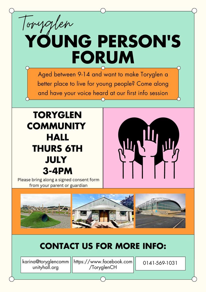 Calling out to all young people living in Toryglen!
We are looking for your input into a Young Person's Forum to help shape community services and
Out first event is an info session, so please come down to find out more about how you can get involved and sign up to take part!