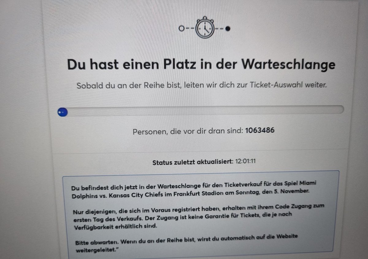 Lediglich 1.063.486 Leute vor mir dran. Da bekomme ich sicher noch 2 Tickets! 🙄
#NFL #FrankfurtGame