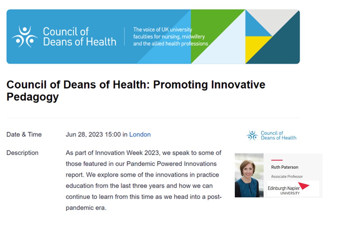 Great to see Associate Prof Ruth Paterson @DrRuthPat will be discussing the innovations at @ENUHealthSocial during the last few years at @councilofdeans  tomorrow as part of #InnovationWeek.
