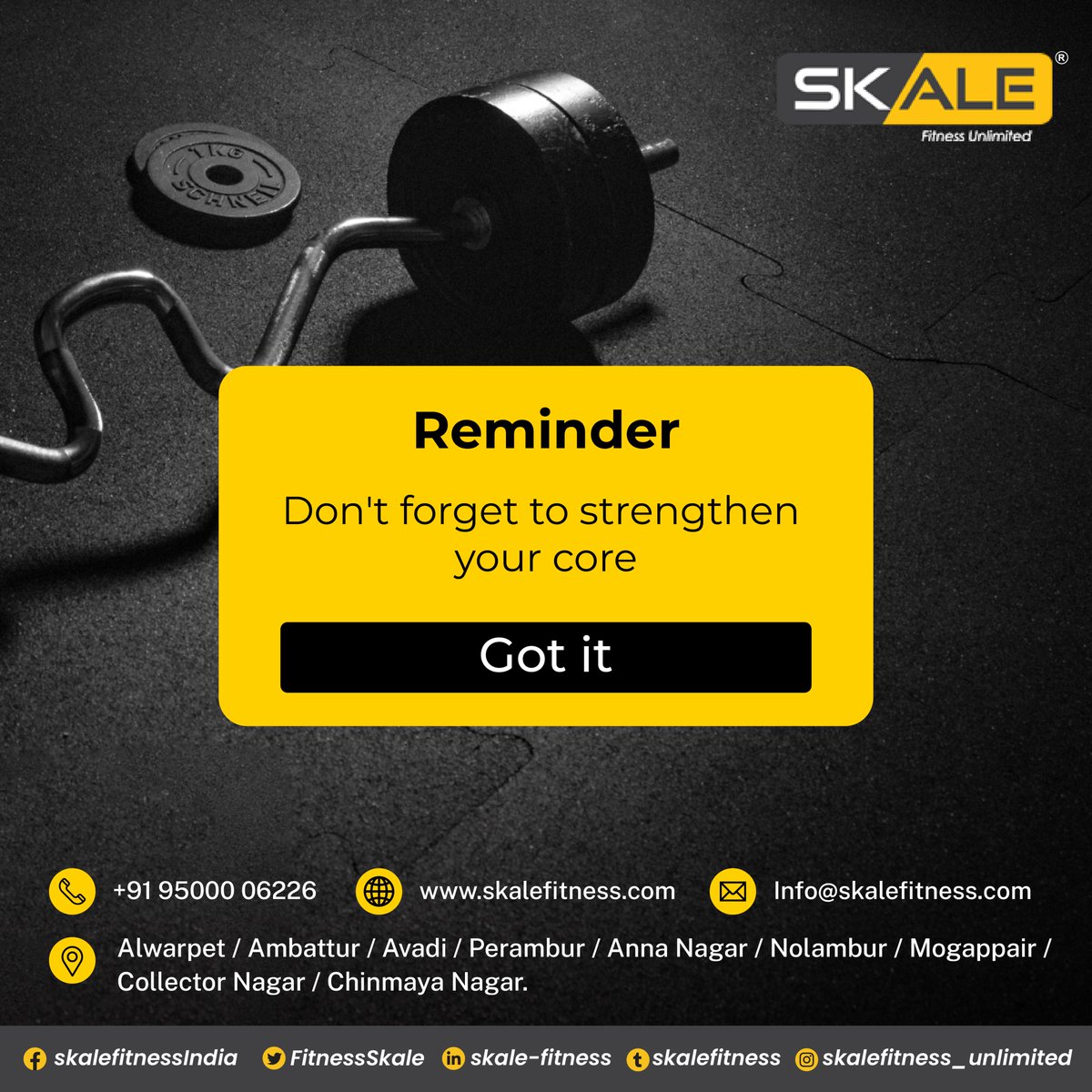 Make fitness a habit and welcome a healthier tomorrow! To Skale Up, reach us @ +91-9500006226 or visit skalefitness.com

#fitnessmotivation #fitnessmodel #fitnessjourney #exercises #exercisemotivation #exercise #competitor #weightlosschallenge #chennaifitness
