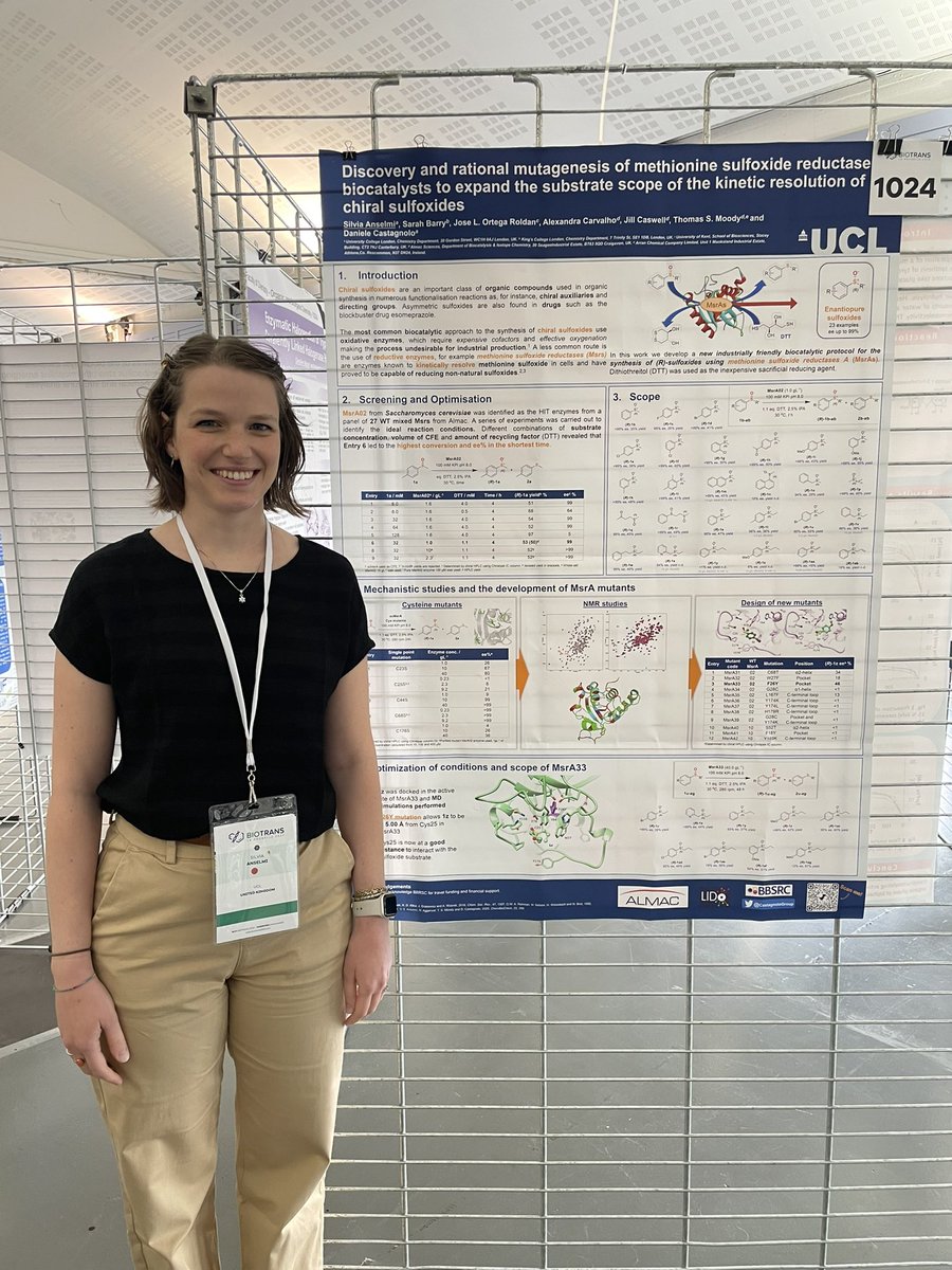 Today I will be standing in front of my poster at #biotrans2023 to present the latest work of my PhD in @CastagnoloGroup in collaboration with @AlmacGroup ! Come to see me if you want to know about methionine sulfoxide reductases 🥼🧪🧬 @d_castagnolo @UCLChemistry #biocatalysis