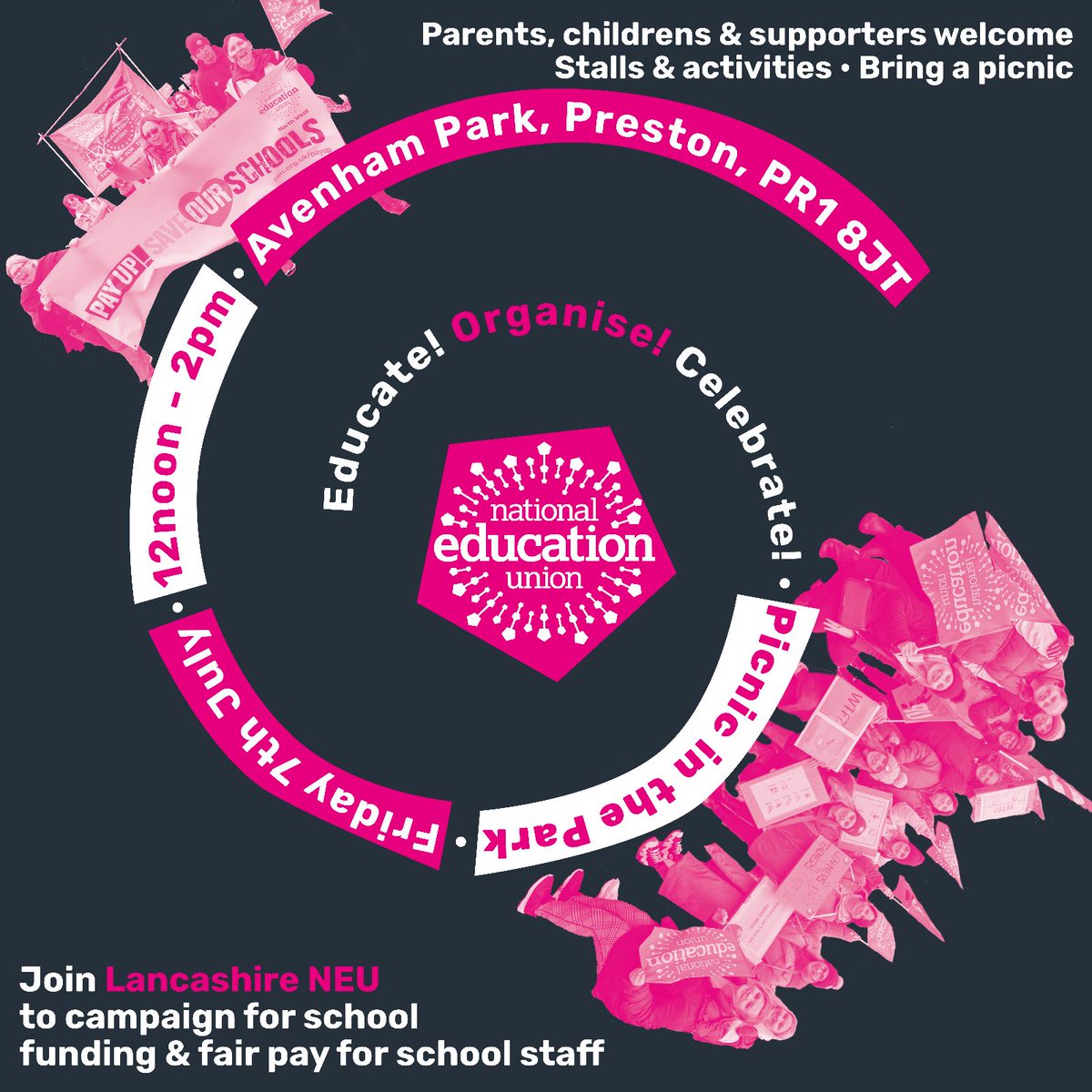 Picnic in the Park

On strike day 8, Friday 7th July, join teachers, parents and kids from across Lancashire for a festival picnic in Avenham Park, Preston. 

We will be in the park from 12 noon to 2pm. There will be speeches, stalls and activities. 

#SaveOurSchools #payupnow