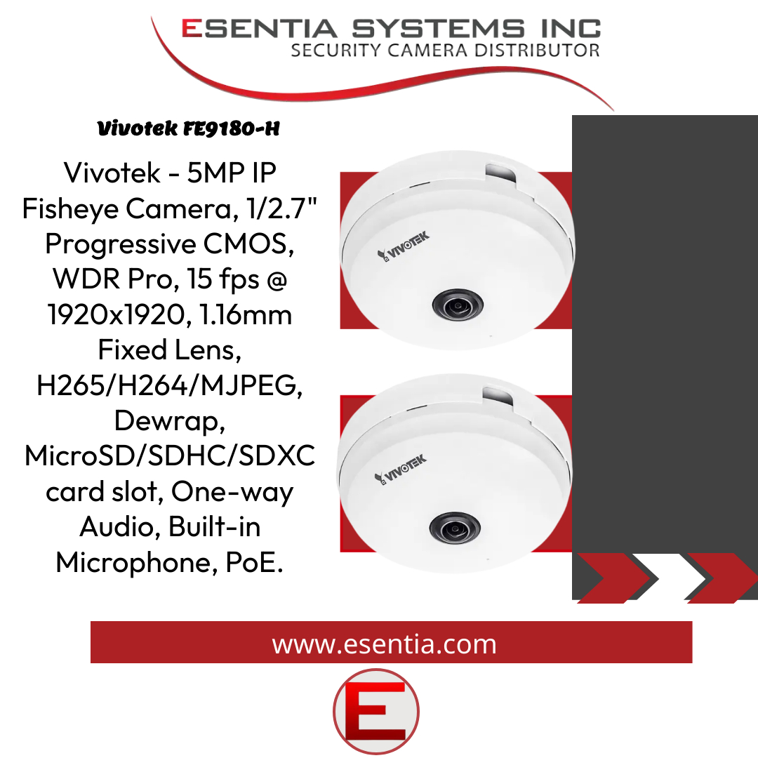 Vivotek - 5MP IP Fisheye Camera, 1/2.7" Progressive CMOS, WDR Pro, 15 fps @ 1920x1920, 1.16mm Fixed Lens, H265/H264/MJPEG, Dewrap, MicroSD/SDHC/SDXC card slot, One-way Audio, Built-in Microphone, PoE. Click here to learn more bit.ly/3GqYGlg