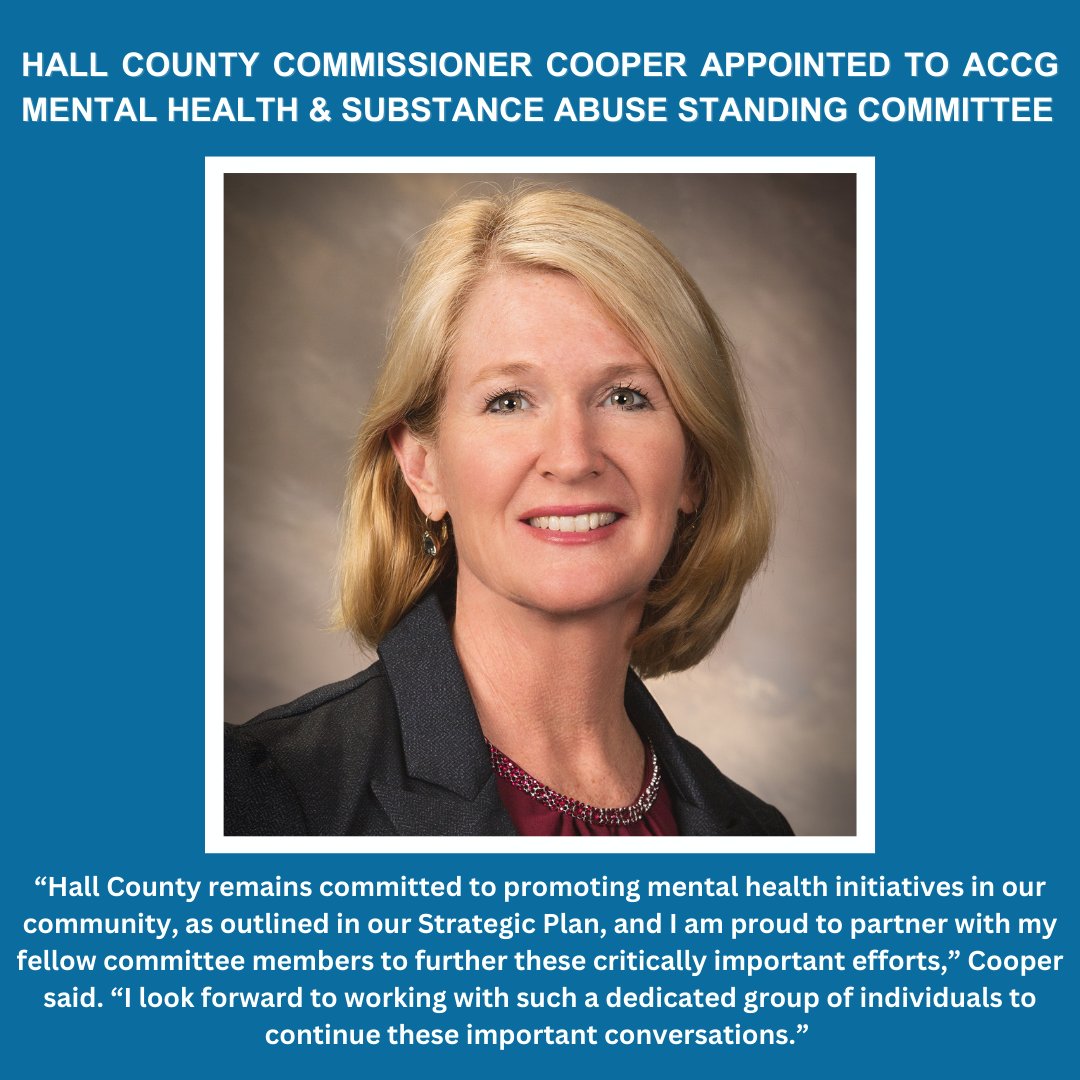 hallcountygov's tweet photo. Hall County District 1 Commissioner Kathy Cooper has been appointed to the Association County Commissioners of Georgia’s (ACCG) Standing Committee on Mental Health and Substance Abuse.

Visit https://t.co/KkIbHftNjn to read the full story! https://t.co/U29D1i9NVQ