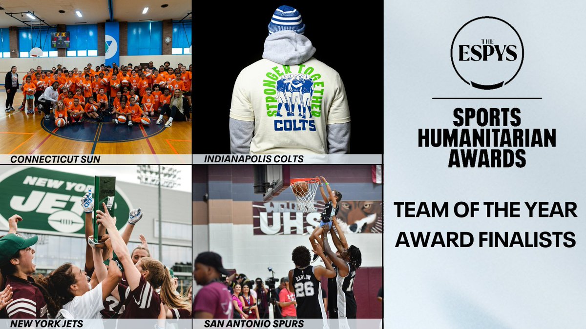 Congratulations to this year’s #SportsHumanitarian Team of the Year Award finalists for transforming their communities on &amp; off the field of play!

🏀 <a href="/connecticutsun/">Connecticut Sun</a>
🏈 <a href="/colts/">Indianapolis Colts</a>
🏈 <a href="/nyjets/">New York Jets</a>
🏀 <a href="/spurs/">San Antonio Spurs</a>