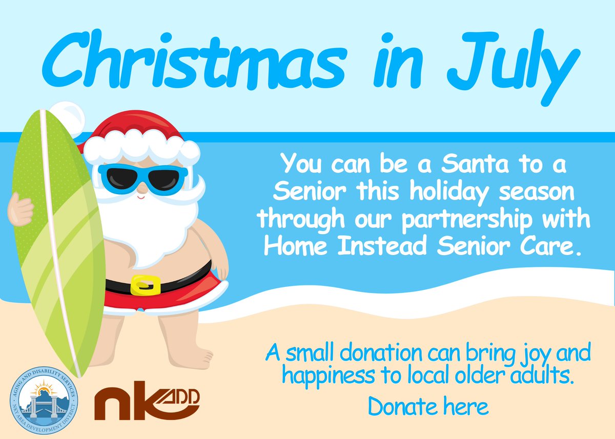 nkadd's tweet photo. Christmas In July

The NKADD and Home Instead Senior Care partner each year for  "Be a Santa to a Senior" to bring joy to our region's seniors. You can help bring happiness by donating at https://t.co/ZHLJGRGkeA.

For more information, contact Stacy Phillips (859.980.1995). https://t.co/jbh9Pcgijj
