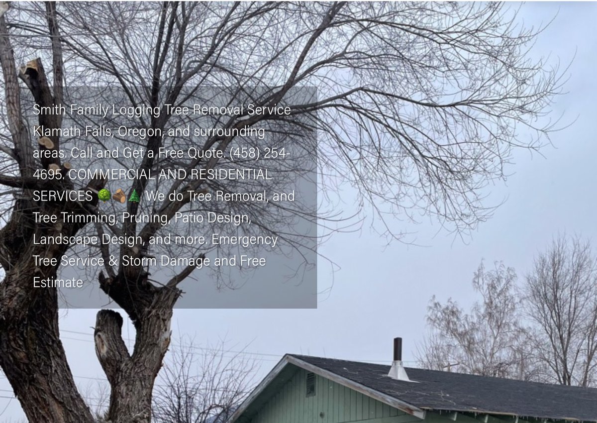 Smith Family Logging Tree Removal Service Klamath Falls, Oregon, and surrounding areas. 
Call and Get a Free Quote. (458) 254 - 4695.  COMMERCIAL AND RESIDENTIAL SERVICES 🌳🪵🌲#KlamathFalls #OR #Medford #treeservice #logging #logger #SmithFamilyLogging #ThankYou #Veteran #small