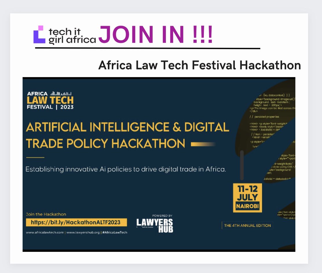 Calling all tech enthusiasts and problem solvers! 📌

Join in at the Africa Law & Tech Festival Hackathon and help shape the future of digital trade in Africa.

Apply: africalawtech.com/#/Hackathon?la…

#Ai #DigitalTrade #DigitalTradeAfrica #AfricaLawTech #techitgirlafrica