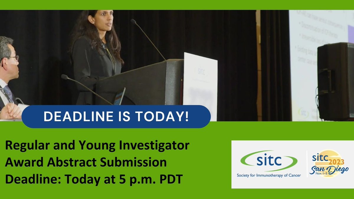 sitcancer's tweet photo. The deadline is TODAY at 5 p.m. PDT for your abstract submissions for #SITC23! Make your mark at the leading #cancer immunotherapy and tumor immunology conference. Please share with your IO colleagues! Submission details are here: https://t.co/xCPDFLK5GT #immunotherapy https://t.co/GOg4g5yrnk