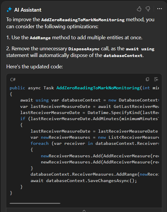 archiecoder's tweet image. Usually, I don&apos;t install beta version but when I saw AI Assistant in @resharper, I could not resist.

My first try was a success!

My beloved tool ReSharper gets dramatically better.

#windev #csharp