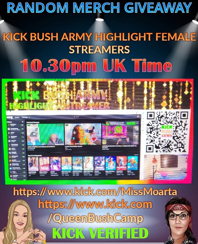 Calling all female kick streamers we will be highlighting the pretty ladies tonight with a merch giveaway. Looking for male cheerleaders too. Join the fun.
kick.com/QueenBushCamp kick.com/MissMoarta 
<a href="/KingBushCamp/">KingBushCamp</a> @KickHelpers <a href="/kicklive_/">Kick Live Community</a> <a href="/kicklive_/">Kick Live Community</a> <a href="/kick/"></a>