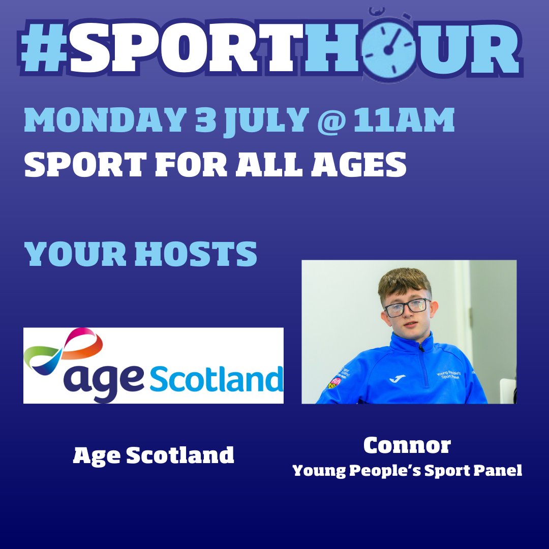 sportscotland's tweet photo. #SportHour | ⏰ 11am on Monday 3 July

We'll be joined by co-hosts @agescotland @ConnorP_YPSP6 to discuss 'sport for all ages'. 

Find out more ⬇️

https://t.co/adWRFE0XM0 #SportForLife https://t.co/fBUNcv6lyG