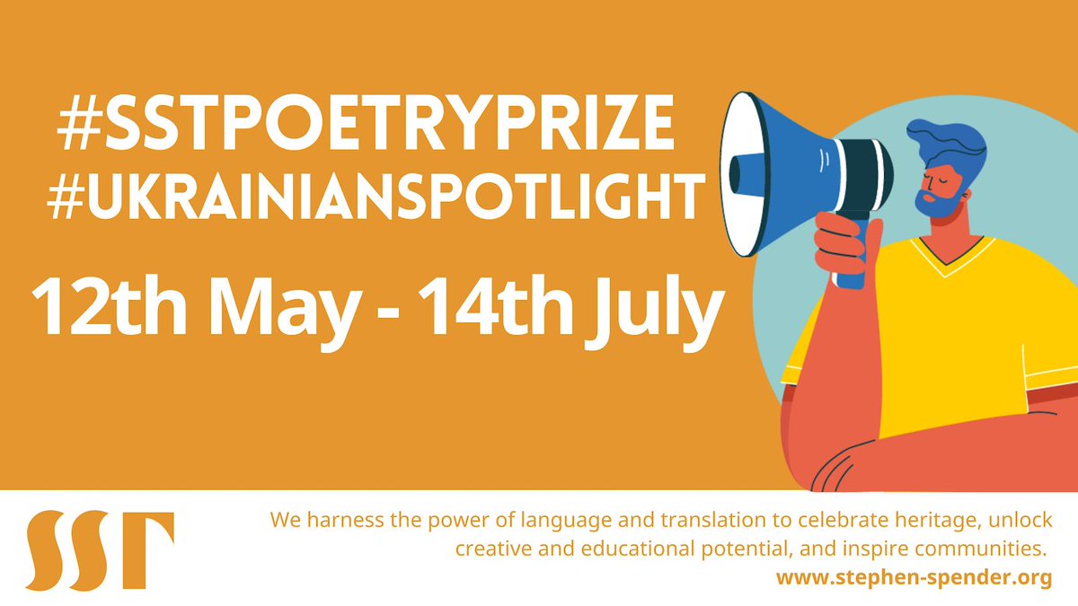 Calling all budding poets! Two weeks left to submit to the Stephen Spender Prize 2023. Translate ANY poem from ANY language into English, and win publication and cash prizes!  Deadline 14 July. Full details at: stephen-spender.org/stephen-spende…
#SSTPoetryPrize2023 #UkrainianSpotlight