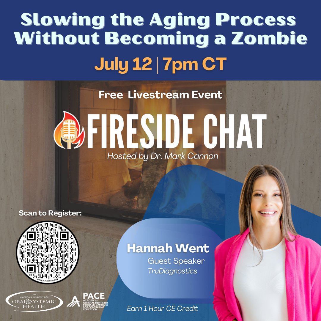 Do you know the difference between chronological age vs. biological age  Join AAOSH for our Fireside Chat, hosted by Dr. Mark Cannon on July 12 at 7:00pm CT, as he talks with Hannah Went of TruDiagnostics. Scan the QR code or click this link to register: hubs.la/Q01VYFQz0