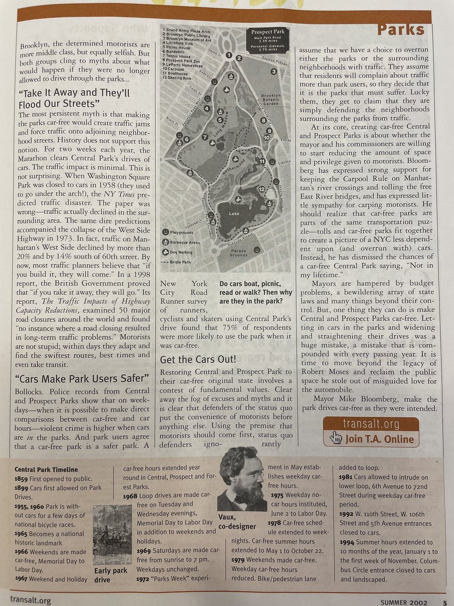KathyParkPrice's tweet photo. @TransAlt Check out this 2002 piece in @TransAlt’s magazine (main piece written by @Naparstek?) with #carfreeprospectpark #carfreecentrapark updates. #TA50
I’ve been thinking it’d be fun to do audio tours of TA legacy campaigns 2/ QR codes like you see in some parks and museums. https://t.co/g1TAa9bCUx
