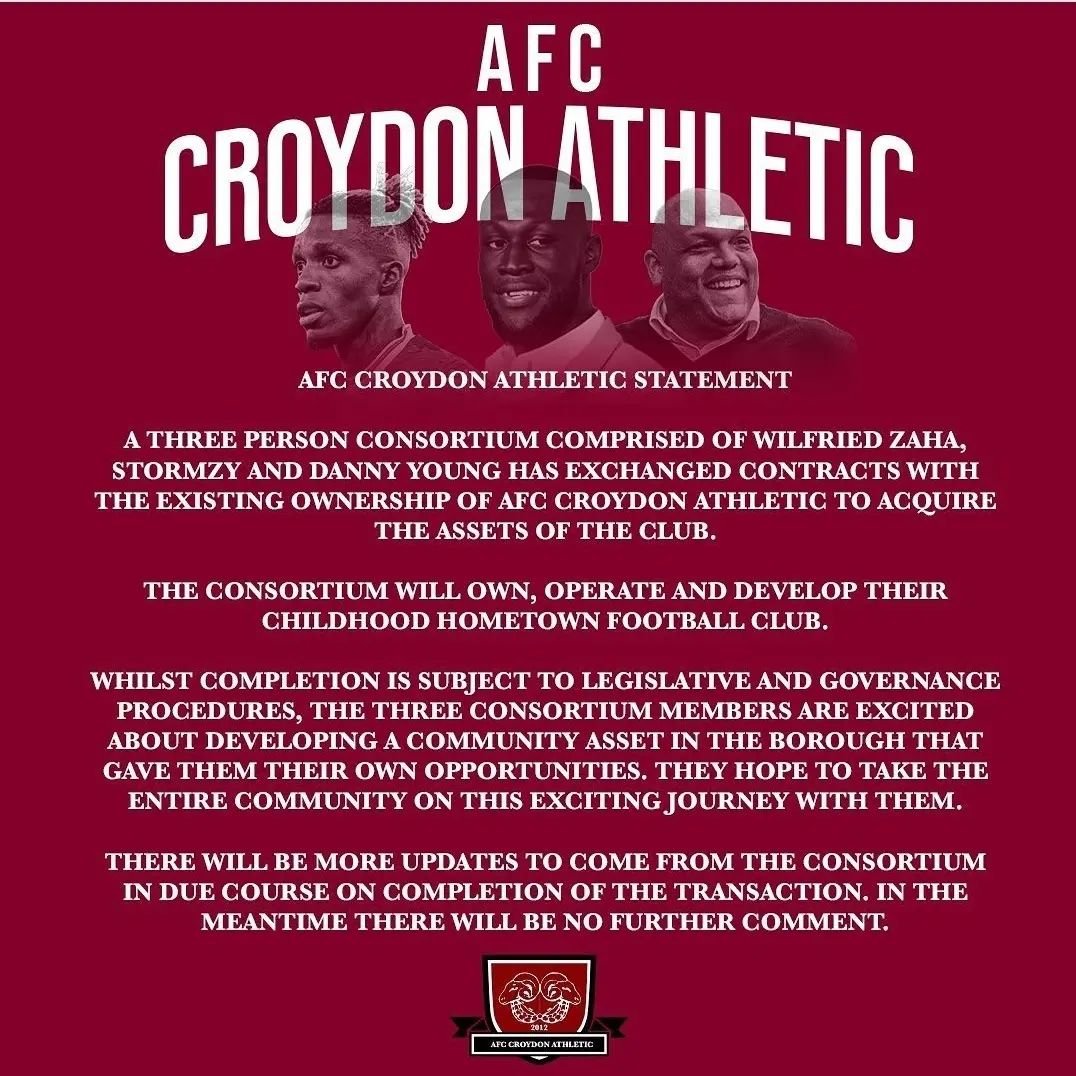raperican's tweet image. British rapper @stormzy and @CPFC forward @wilfriedzaha have agreed a deal to buy non-league club @AFCCroydonAth. 💼

AFC Croydon compete in the ninth tier of English football.

#Raperican #Stormzy #WilfriedZaha #AFCCroydon