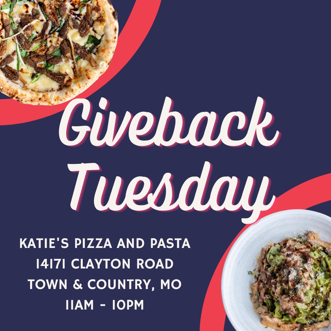 Today's the day! Giveback Tuesday starts in ONE HOUR at Katie's Pizza and Pasta in Town &amp; Country. Enjoy a delicious meal from Katie's today and Epworth gets 100% of the proceeds.