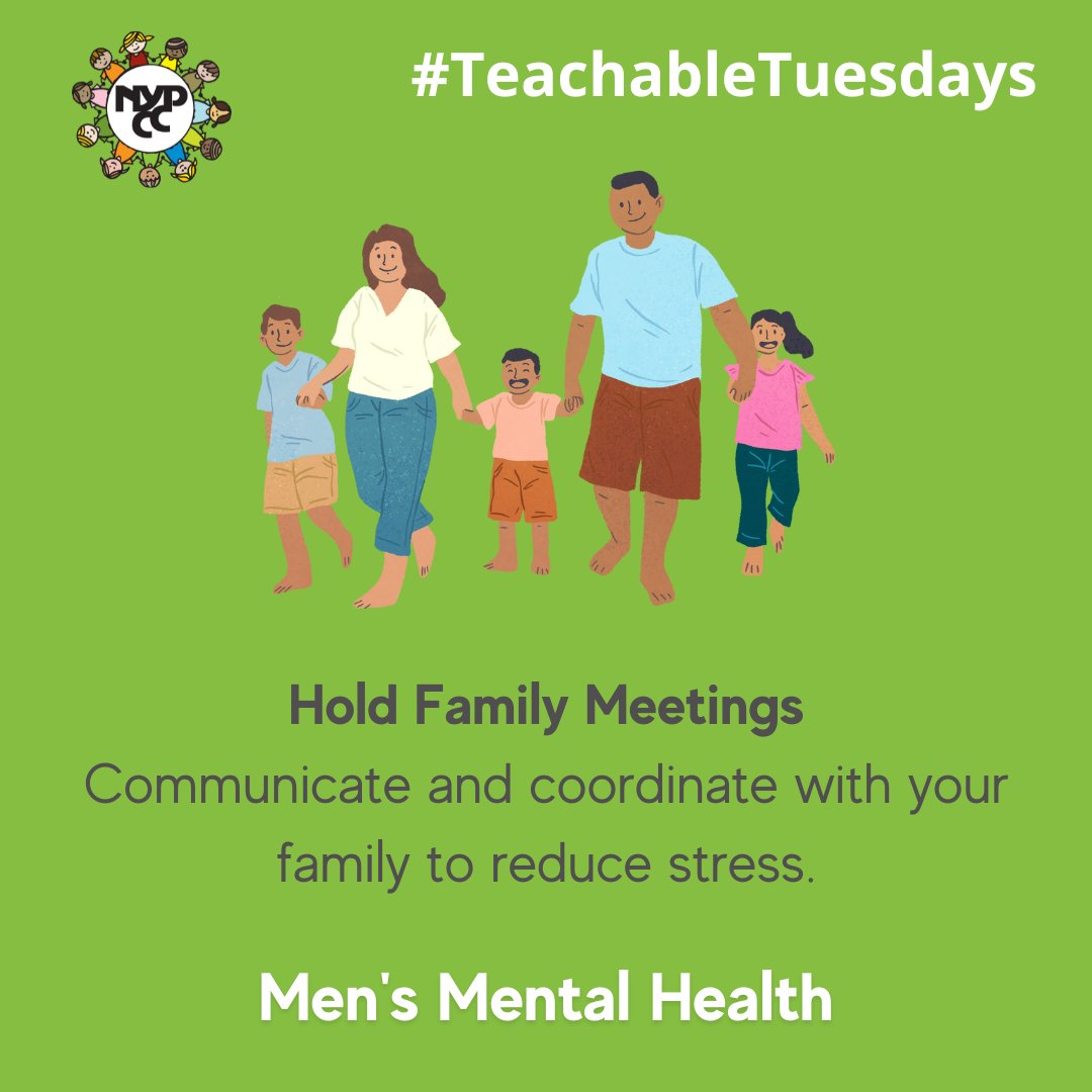 #TeachableTuesday 💚 
Communicating and coordinating with your family to schedule regular meetings can help ensure you’re allowing everyone to openly discuss topics that may not be brought up otherwise.

#MensMentalHealthMonth #MentalHealth #CaringfortheCommunity #NYPCC #NYC