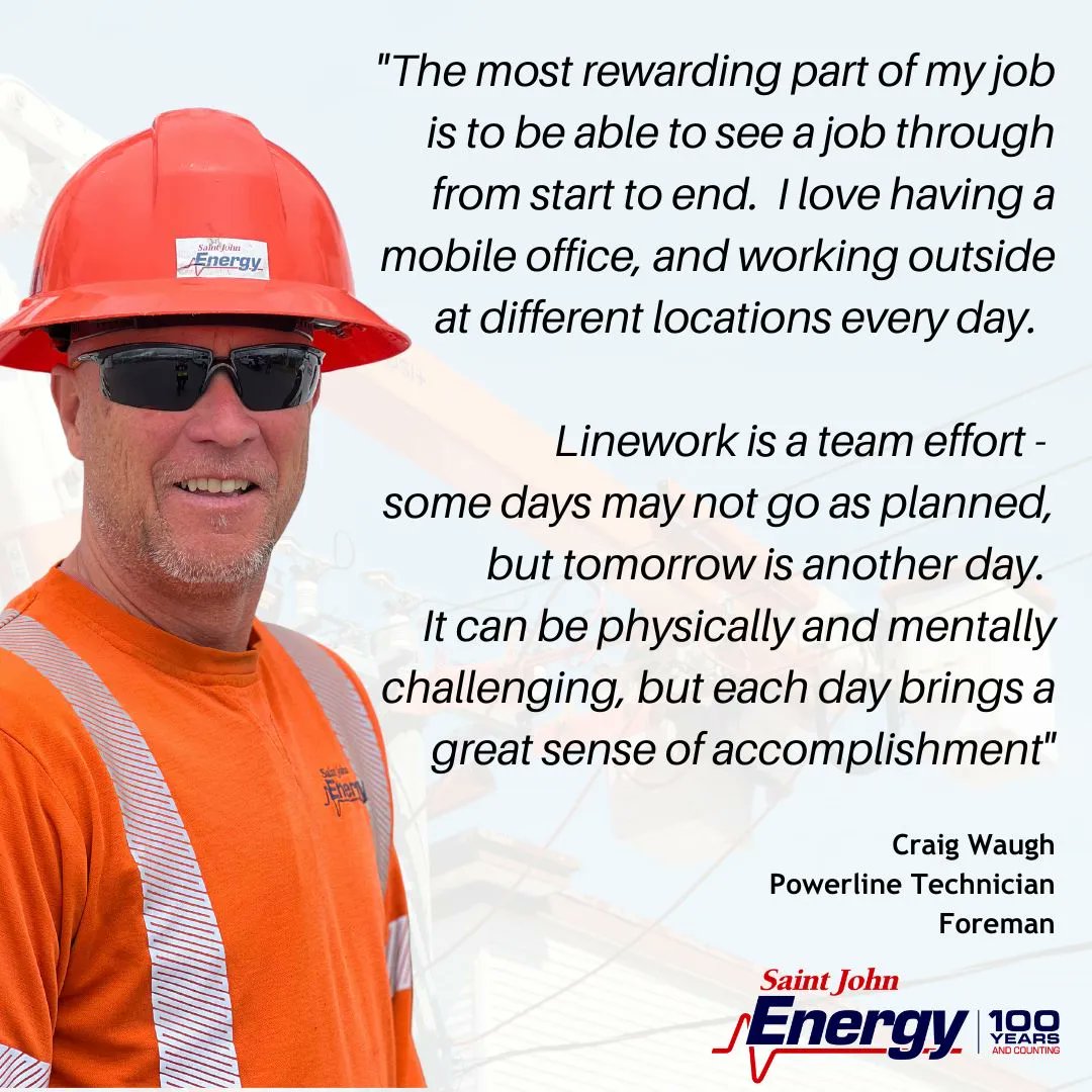 SJEnergy's tweet photo. National Lineworker Appreciation day is July 10th and celebrates lineworkers across Canada who ensure the power flowing into our communities is safe, sustainable and reliable.  Meet Powerline Technician Foreman, Craig Waugh - Craig has been with Saint John Energy since 1987. https://t.co/KfUumLTDDp