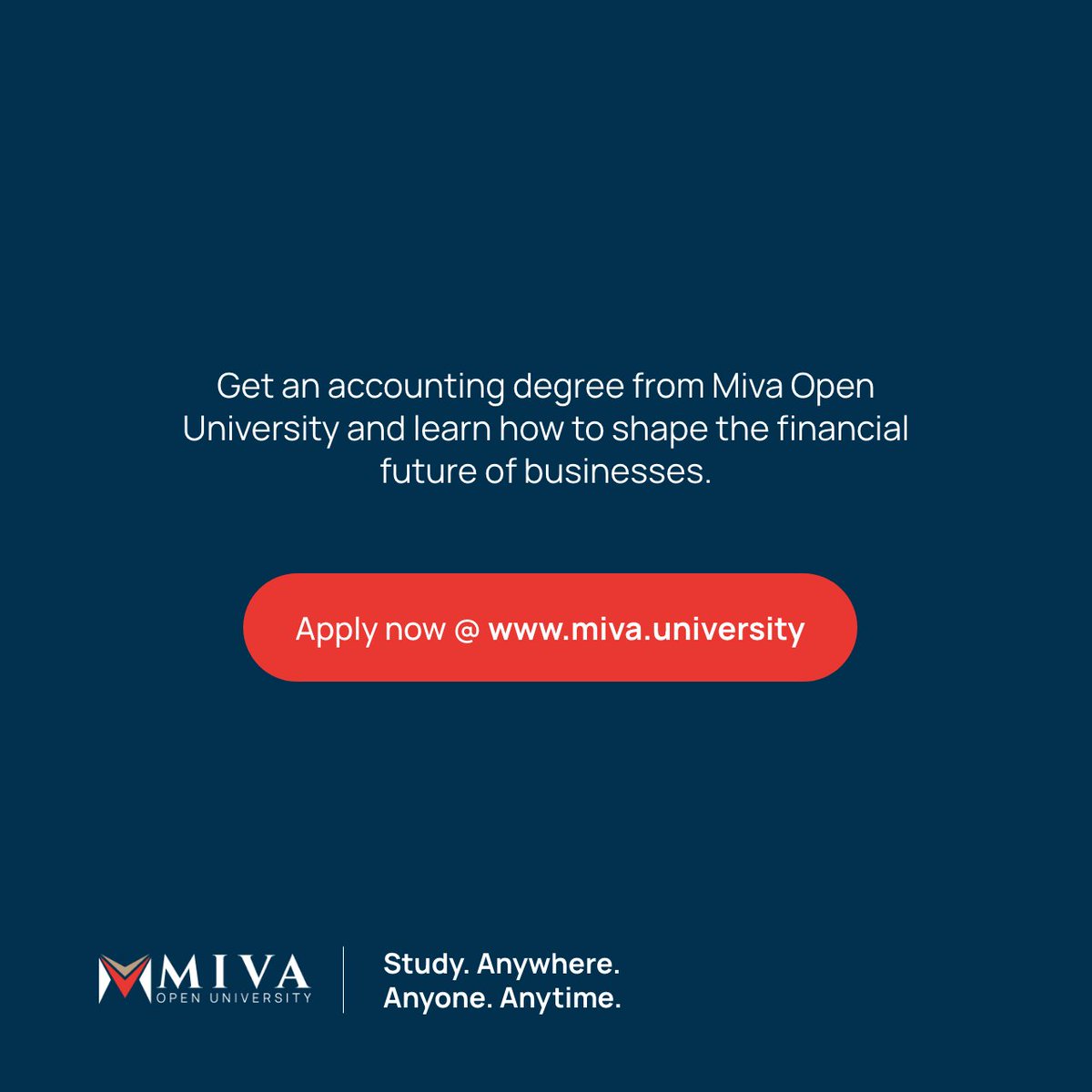 mivauniversity's tweet photo. Apply now at https://t.co/uqQoOqk3r3 to earn a degree in Accounting.
Miva Open University is licensed by the National Universities Commission.
Study. Anywhere. Anyone. Anytime.
#BScAccounting #OpenUniversity #OnlineDegree #OnlineLearning #University #HigherEducation #ELearning https://t.co/LuhyHCd9nZ