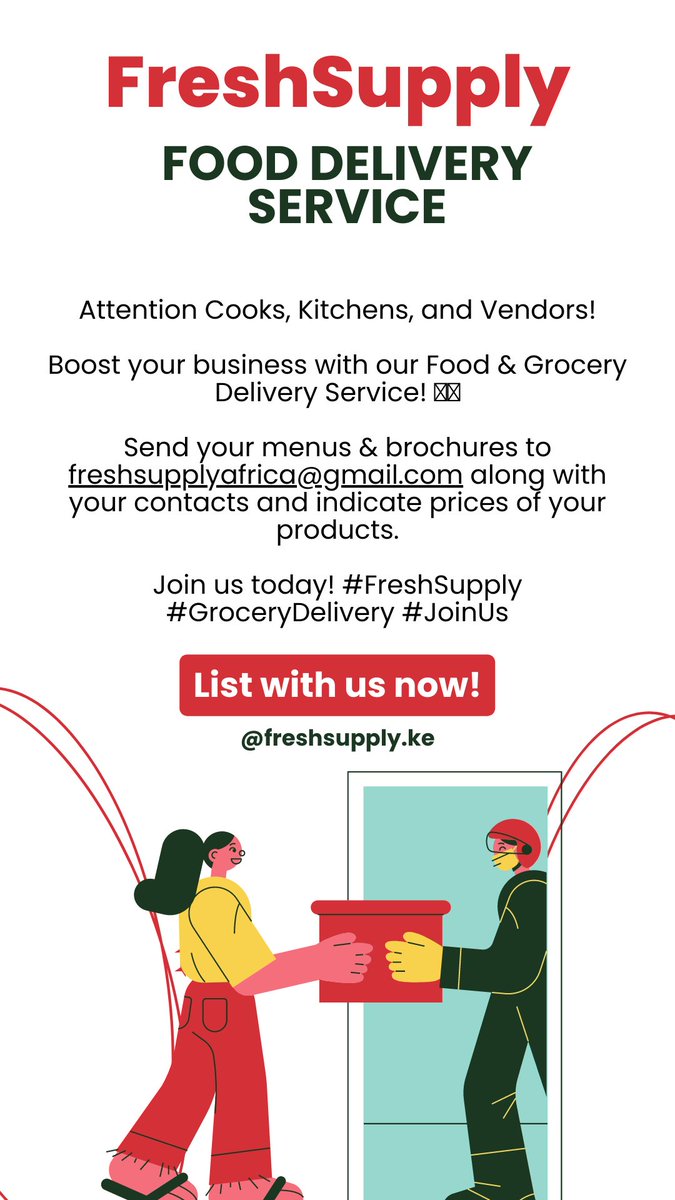 Attention Cooks, Kitchens, and Vendors!
Boost your business with our Grocery Delivery Service.
Send your menus & brochures to freshsupplyafrica@gmail.com along with your contacts and indicate prices of your products.
 #FreshSupply #GroceryDelivery #JoinUs
#IkoKaziKE #IkoKazi