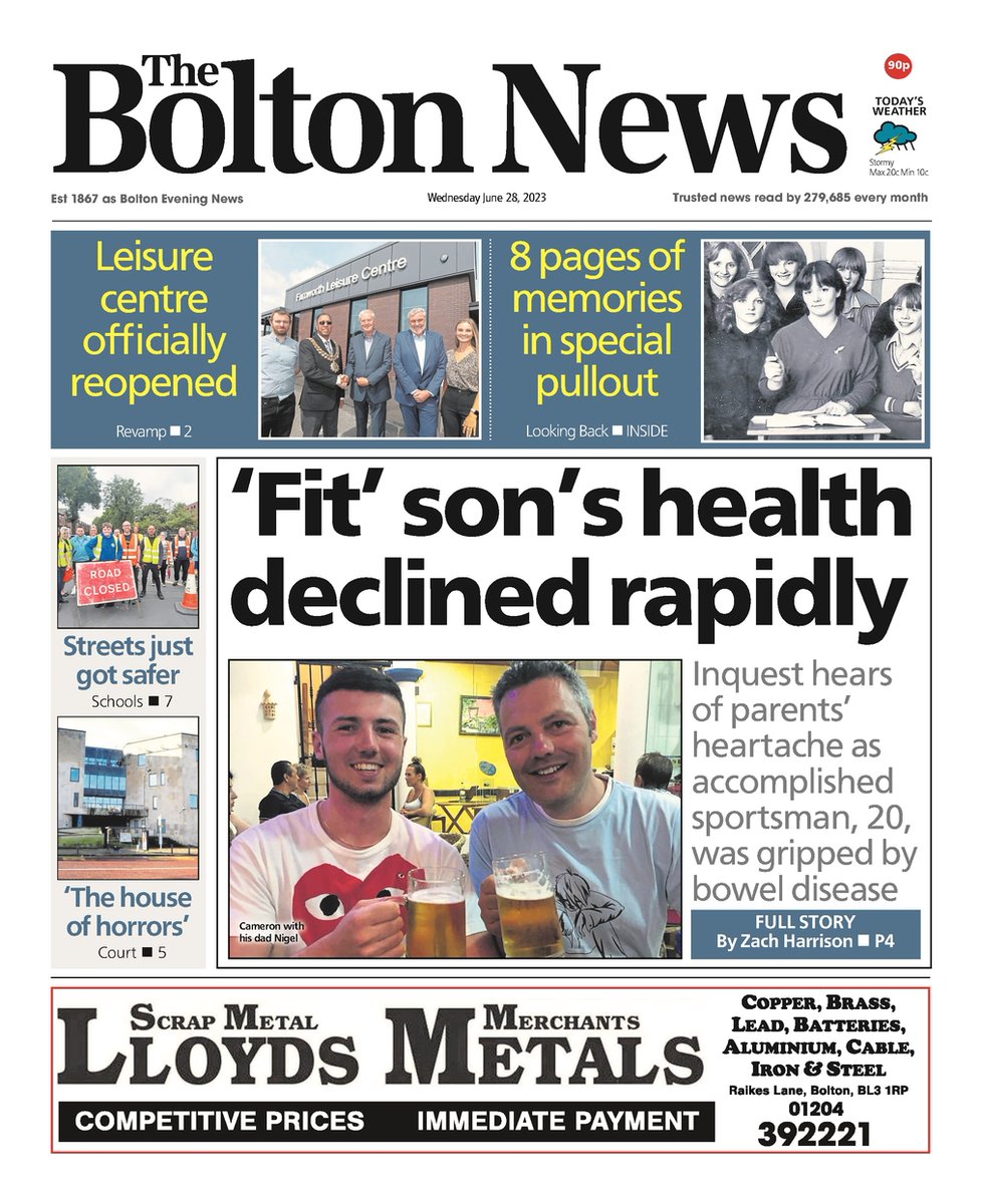Here's the front page of Wednesday's @TheBoltonNews📰 'Fit' son's health declined rapidly #Bolton #GreaterManchester #BuyAPaper #LocalNewsMatters #Newsquest #BWFC #CourtNews #CrimeNews #BoltonWanderers #BoltonNews #TomorrowsPapersToday
