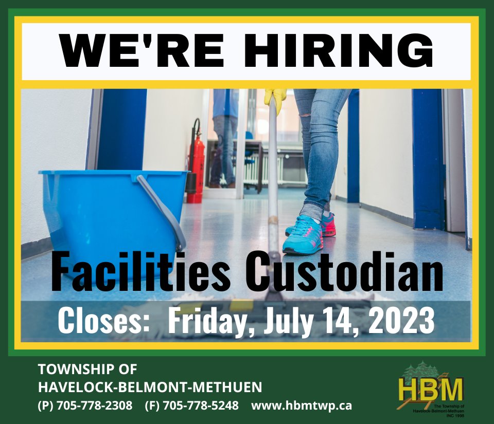 HBM Township is seeking a qualified candidate for a full-time permanent ‘Facilities Custodian’ position. 
For full job description and posting details see: hbmtwp.ca/en/township-se….