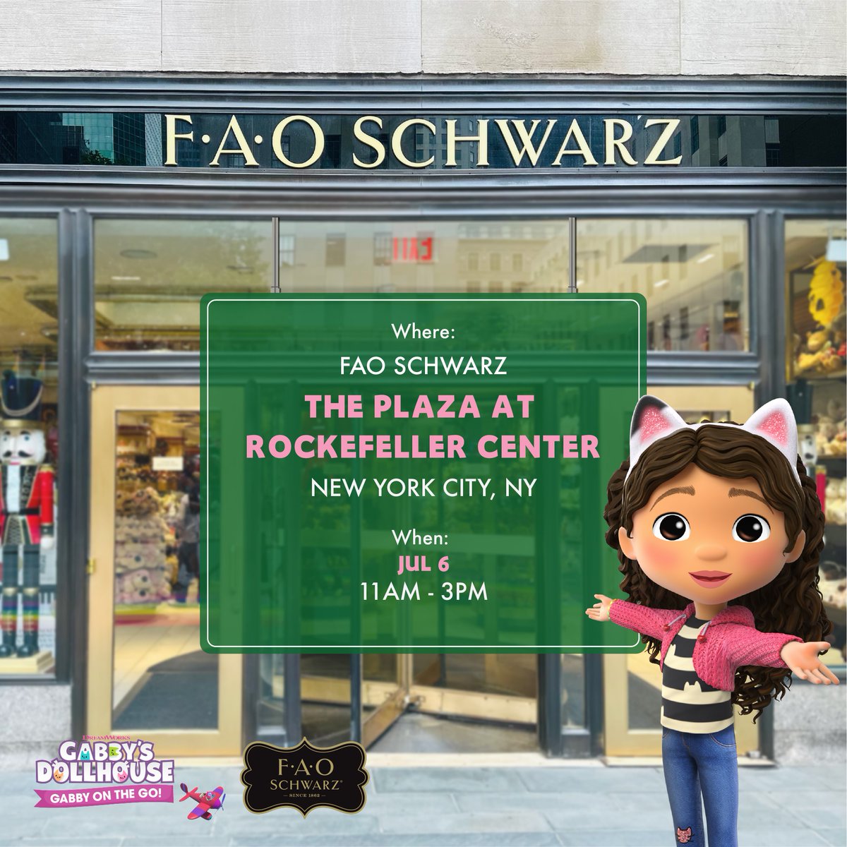 Get ready for an a-meow-zing time with Gabby at FAO Schwarz! Reserve your free ticket now to secure your spot for this adventure 😻 bit.ly/3NsU5Bj #FAOSchwarz #DWGabbyOnTheGo #GabbysDollhouse @dreamworksjr
