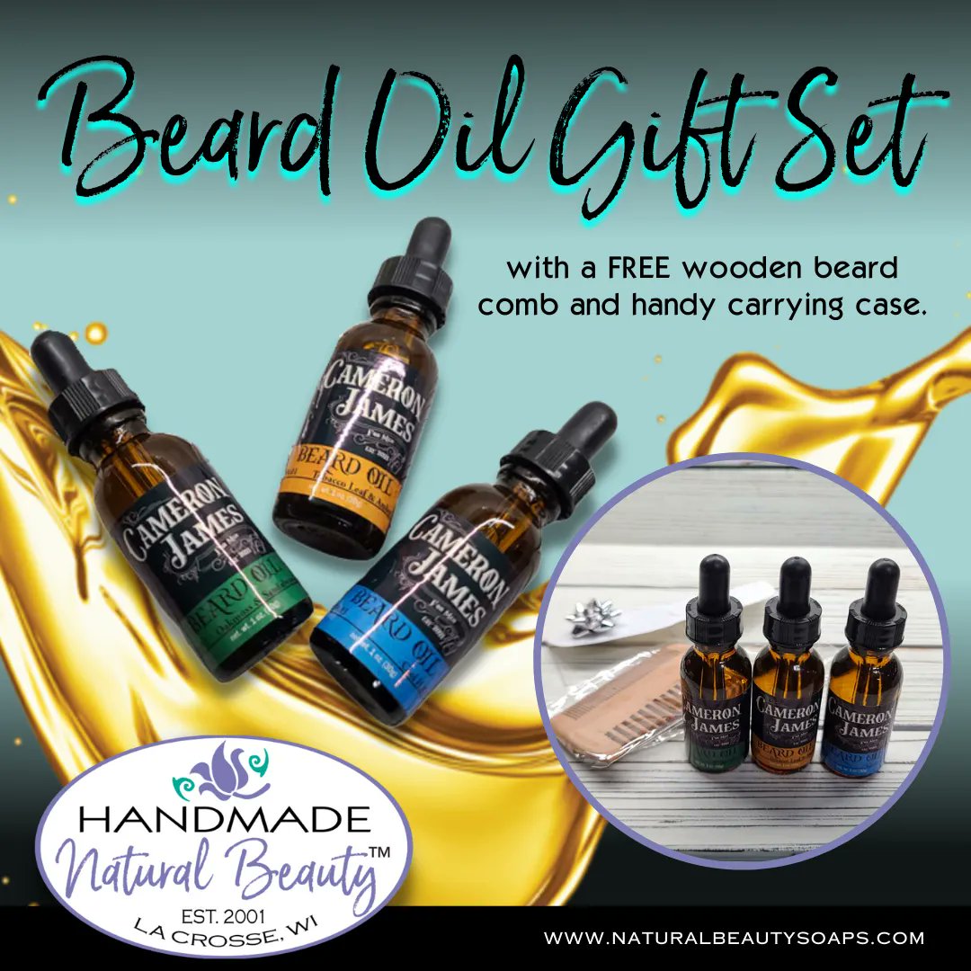 This gift set comes complete with the 3 debut varieties of our high-quality Cameron James for Men Beard Oils.

Buy now: naturalbeautysoaps.com/collections/pa…

#handmadenaturalbeauty #naturalbeautysoaps #naturalbeautyboutique #handmadesoap #selfcare #pamperinggifts #giftset #beardoil