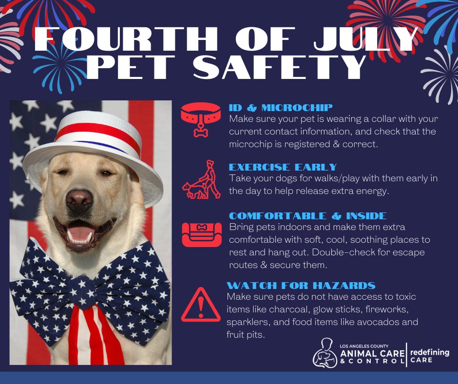 🎆We're one week out from the 4th of July, and DACC wants to remind you to keep your pets safe: 🐕 Make sure your pet has an up-to-date ID and Microchip 🏃‍♂️ Exercise your pet early 🧸 Keep pets calm and comfy inside (maybe with their favorite toy!) ⚠️ Watch out for toxic items