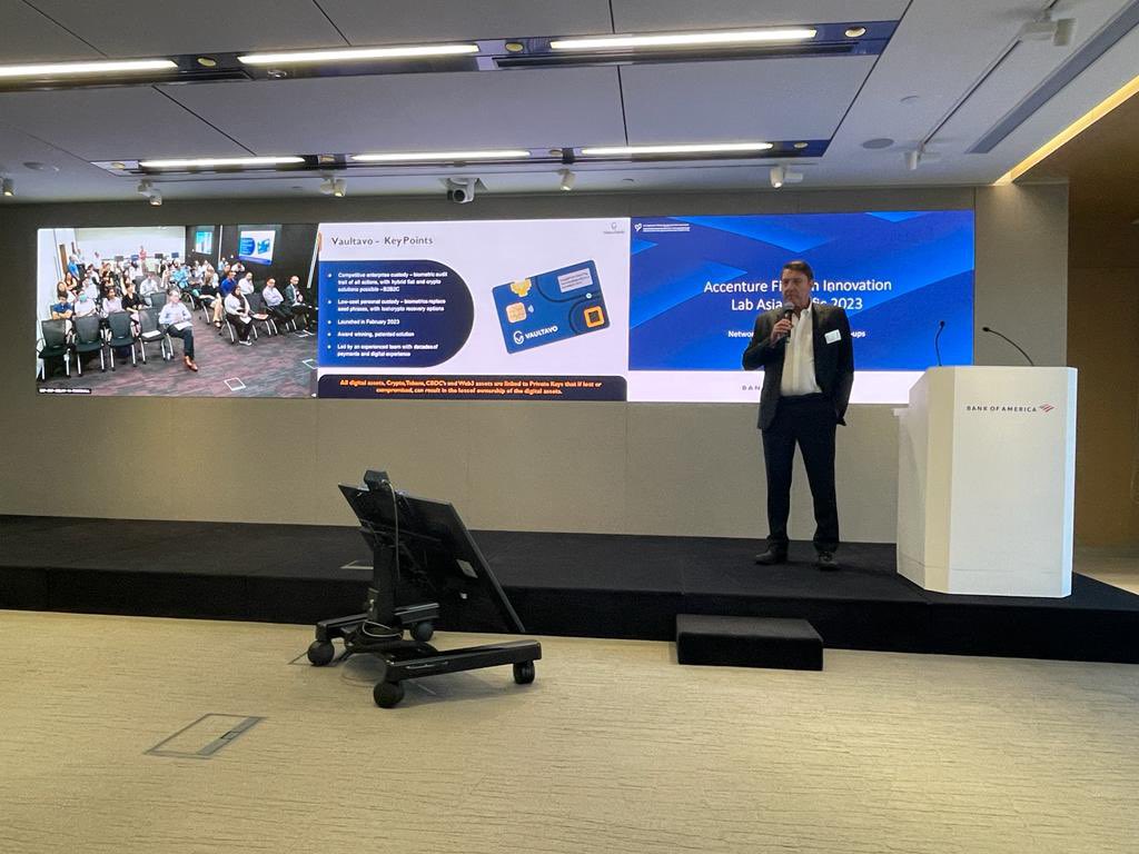 Vaultavo's tweet image. 🚀 Exciting times! 

#Vaultavo’s Co-founder and CEO, Philip Meyer, rocked the stage while presenting to @BankofAmerica, showcasing our innovative and game-changing Digital Asset Custody Infrastructure to a global audience 🌐

#FILAP2023 #DigitalAssets #Innovation @FinTechLabAPAC