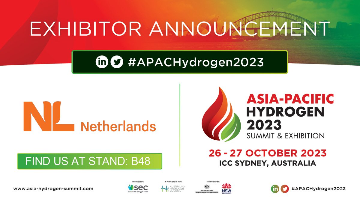 Asia-Pacific Hydrogen 2023 (@apachydrogen) on Twitter photo 📣 EXHIBITOR ANNOUNCEMENT! 📣
Government of the Netherlands are exhibiting at the #APACHydrogen2023 Summit & Exhibition.
Meet them at Stand B48 <a href="/ICCSyd/">ICC Sydney</a> on 26 - 27 October.
📌Stand: bit.ly/3kY86g3
🎟️Ticket: bit.ly/3mFLYrv
📕Brochure: bit.ly/3ZxwxQt 📣 EXHIBITOR ANNOUNCEMENT! 📣
Government of the Netherlands are exhibiting at the #APACHydrogen2023 Summit & Exhibition.
Meet them at Stand B48 <a href="/ICCSyd/">ICC Sydney</a> on 26 - 27 October.
📌Stand: bit.ly/3kY86g3
🎟️Ticket: bit.ly/3mFLYrv
📕Brochure: bit.ly/3ZxwxQt