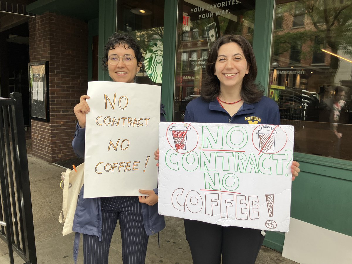 geo3550's tweet photo. We are out here standing in solidarity with Starbucks workers at the Starbucks on Main St until 12! They are fighting for access to healthcare &amp; gender-affirming care &amp; safe working conditions ✊

No contract? NO COFFEE! ☕️ https://t.co/9CaMuJzplQ