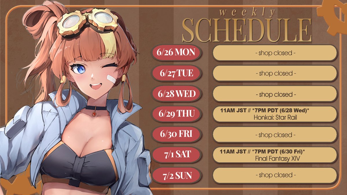 ReikaAKAVirtual's tweet photo. ⚙️#TodoReiSchedule Jun 26th - July 2nd!⚙️
Summer has arrived!☀️❤️🔥
🔧https://t.co/bzDuCtak4s
⚙️#todorei
🎨#todoreiart
#VTuberUprising #ENVtuber https://t.co/cN9PnXTmvK