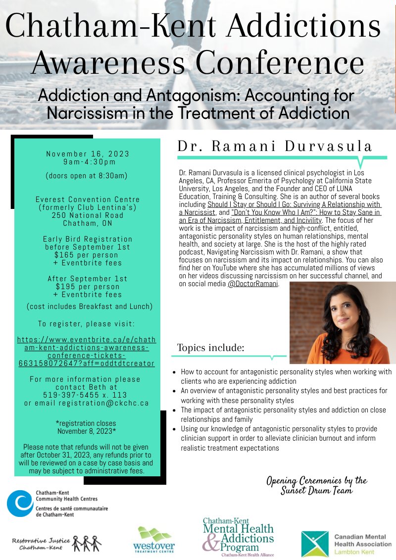 It's back for the 11th year! Join us at the Chatham-Kent Addictions Awareness Conference featuring Dr. Ramani. 
To register please follow this link: eventbrite.ca/e/chatham-kent…

#ckont #addiction #Training @ckhamedia @CMHALambtonKent
