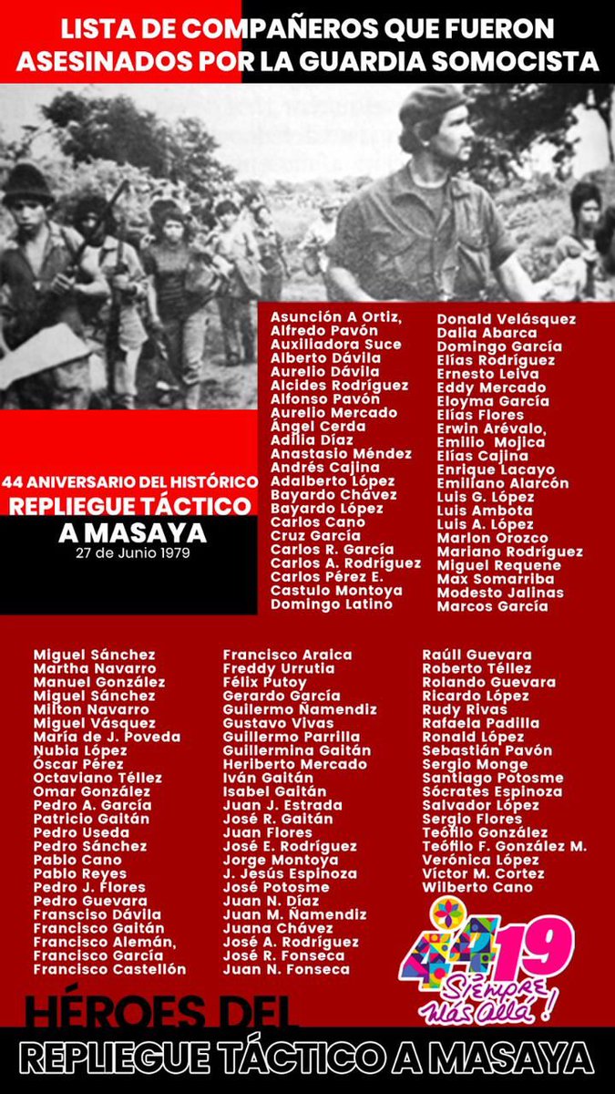 Un día como hoy de 1979 se da la orden del Repliegue Táctico a Masaya, epopeya que concluyó el 29 de junio y permitió a la Milicia Sandinista reorganizarse para entrar con fuerza a Managua.
#FuerzaDeVictorias 
#IntegracionTecnologica 
<a href="/Titomara2/">Titomara🌐🇻🇪</a> 
<a href="/GranSabanaPura/">𝓙𝓸𝓻𝓰𝓮 𝓟𝓪𝓻𝓾𝓽𝓪</a> 
<a href="/zurdoBo7/">Zurdo ☭</a>