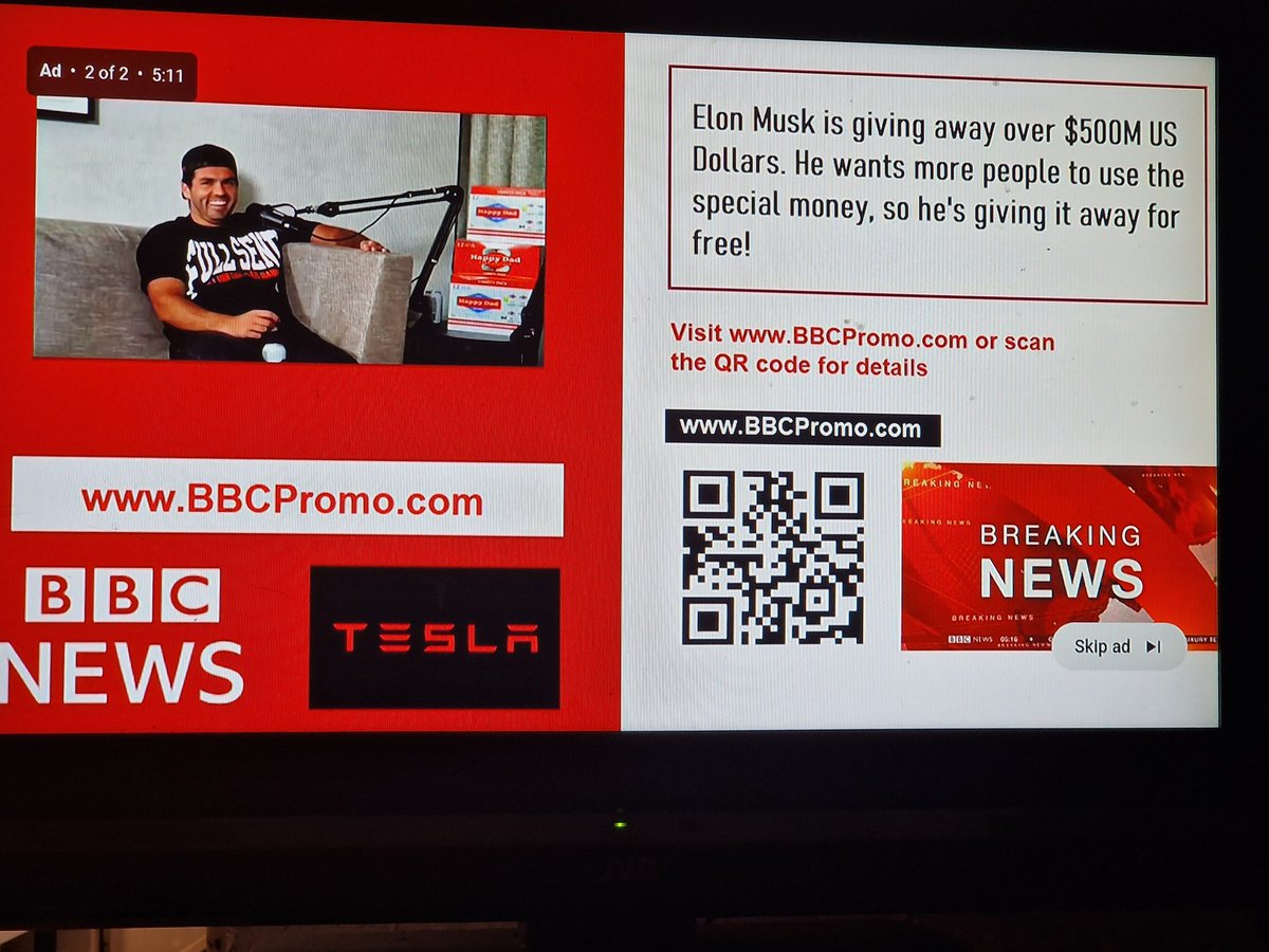 S1monRoper's tweet photo. @YouTube @YouTubeCreators @elonmusk #Elon @TeslaCharging #tesla @BBCNews 
Why is YouTube allowing scammers to advertise this fake scam? https://t.co/kZSufD3san