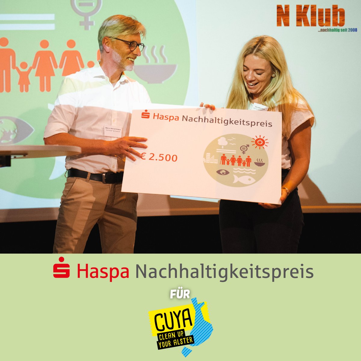 Der erste Haspa Nachhaltigkeitspreis geht an...
CUYA e.V. 👏
Seit 2018 räumt der Verein regelmäßig bei generationsübergreifenden CleanUp-Events in Hamburg auf. Dazu stärkt CUYA mit pädagogischer Arbeit das Umweltbewusstsein von Kindern. 
Danke, <a href="/HaspaNews/">HaspaNews @Hamburger Sparkasse</a> für die Unterstützung.