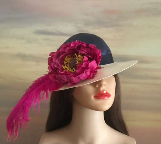 sharing the latest addition to my #etsy shop: Parasisal navy and natural shade hat with hot pink feathered plume and floral detail summer/wedding/garden party/ formal/derby etsy.me/3Nlrcac #blue #wedding #pink #blingglam #formal #summer #countrywedding #derby #gardenparty