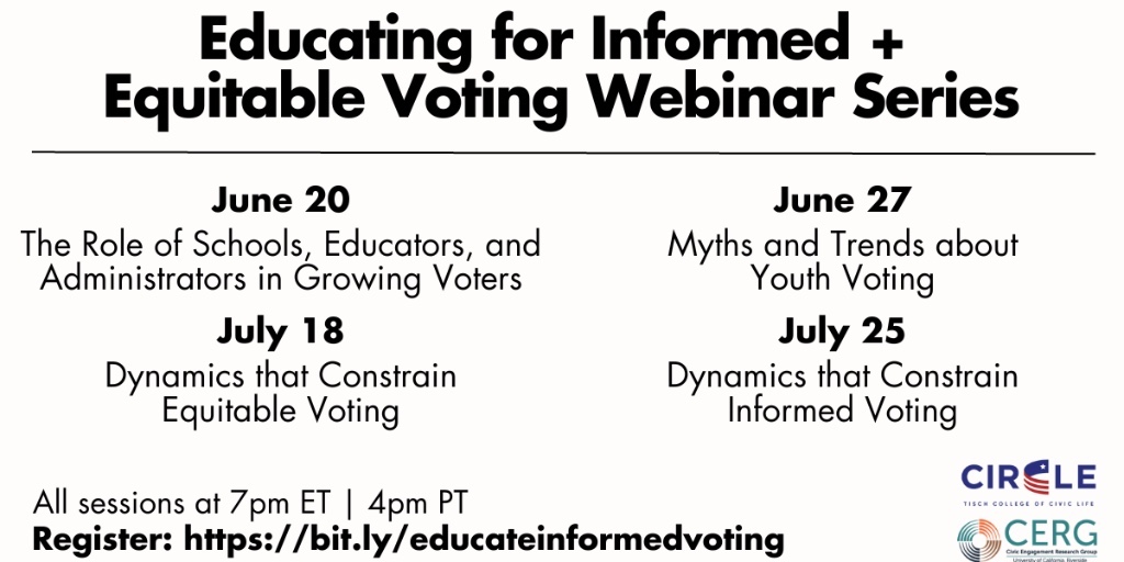 Do you want to support students to participate in democratic society? Join CERG &amp; <a href="/CivicYouth/">CIRCLE</a> for a free webinar series for #educators. #CivicEd #DemocracyEd #StudentVoice #YouthVoice #weareteachers #edchat #sschat #profdev 

Find more details here: ow.ly/n06450OAfVj