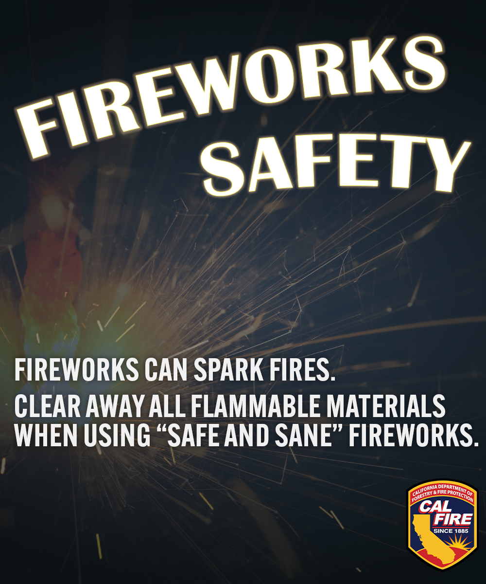CAL_FIRE's tweet photo. As “Safe and Sane" fireworks go on sale in communities across California, CAL FIRE asks everyone to help prevent fires and injuries caused by fireworks. Check your local laws to find out if fireworks are illegal where you live.
#SafetyFirst #fireworkstips #July4Safety https://t.co/ySoV537DZ6