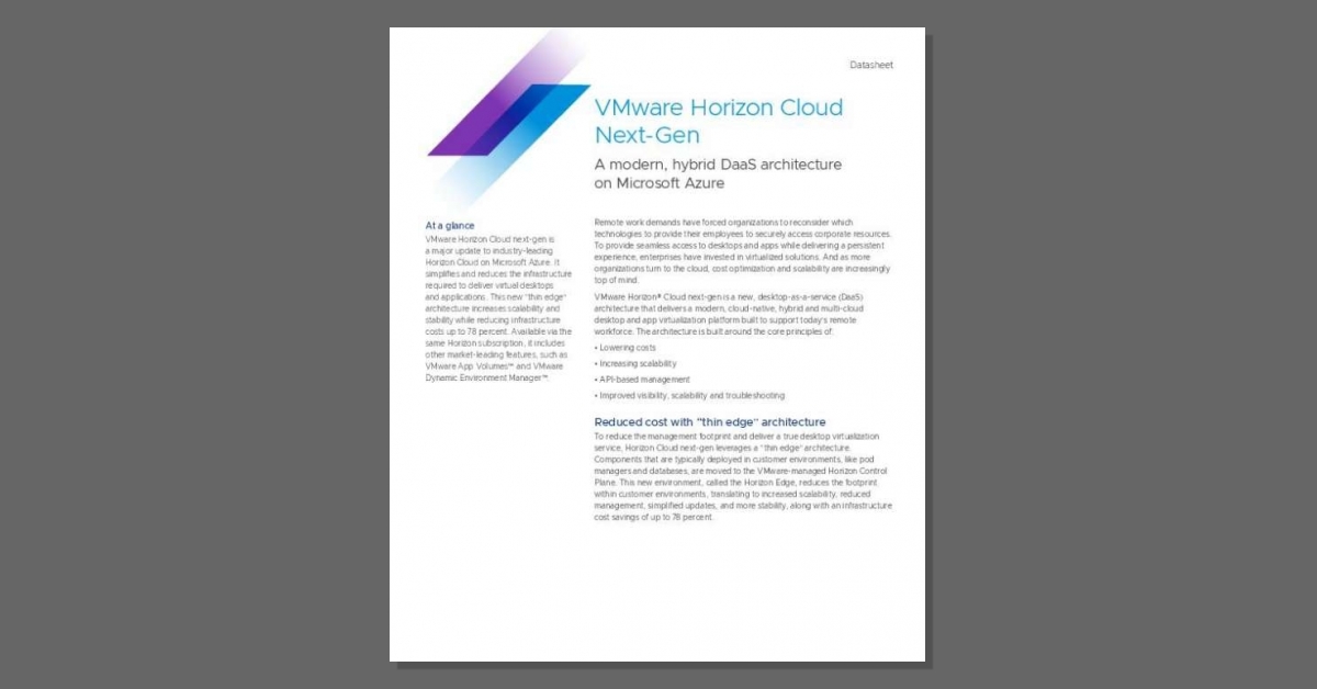 Delivering virtual desktops and apps to a hybrid workforce with minimal infrastructure and complexity is a priority for many of our customers. With <a href="/VMware/">VMware</a> Horizon® Cloud on <a href="/Azure/">Microsoft Azure</a>, you can. Download this datasheet for highlights. stuf.in/bbotda