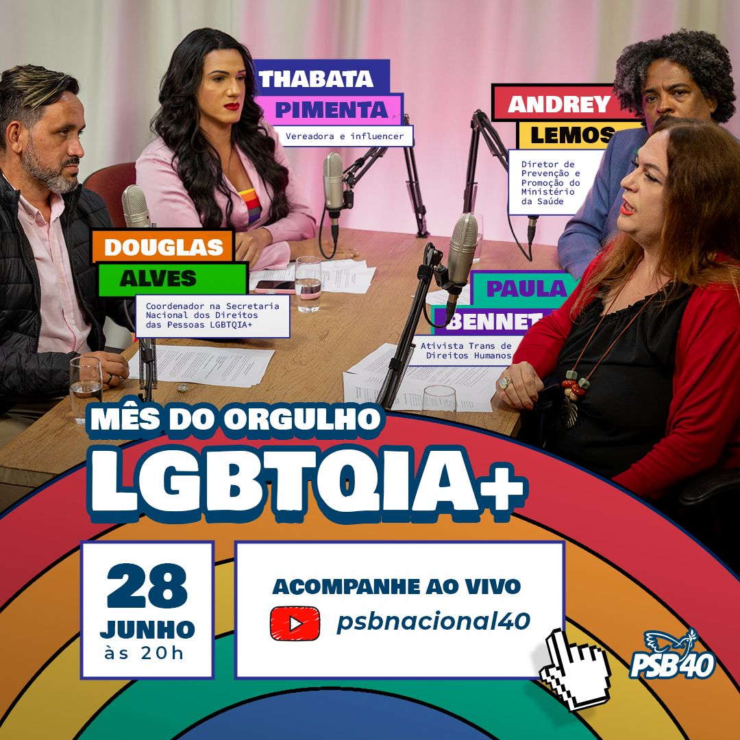 PSBNacional40's tweet photo. 🏳️‍🌈 É tempo de celebrar e ter orgulho do amor que transforma | 🌈 Nesta quarta-feira (28), às 20h, será realizada a transmissão "Orgulho de ser Quem Somos", em comemoração ao mês do Orgulho LGBTQIAP+.

🎥Acompanhe!

#mesdoorgulho #psb40 #agita40 https://t.co/FugfLC4FN1