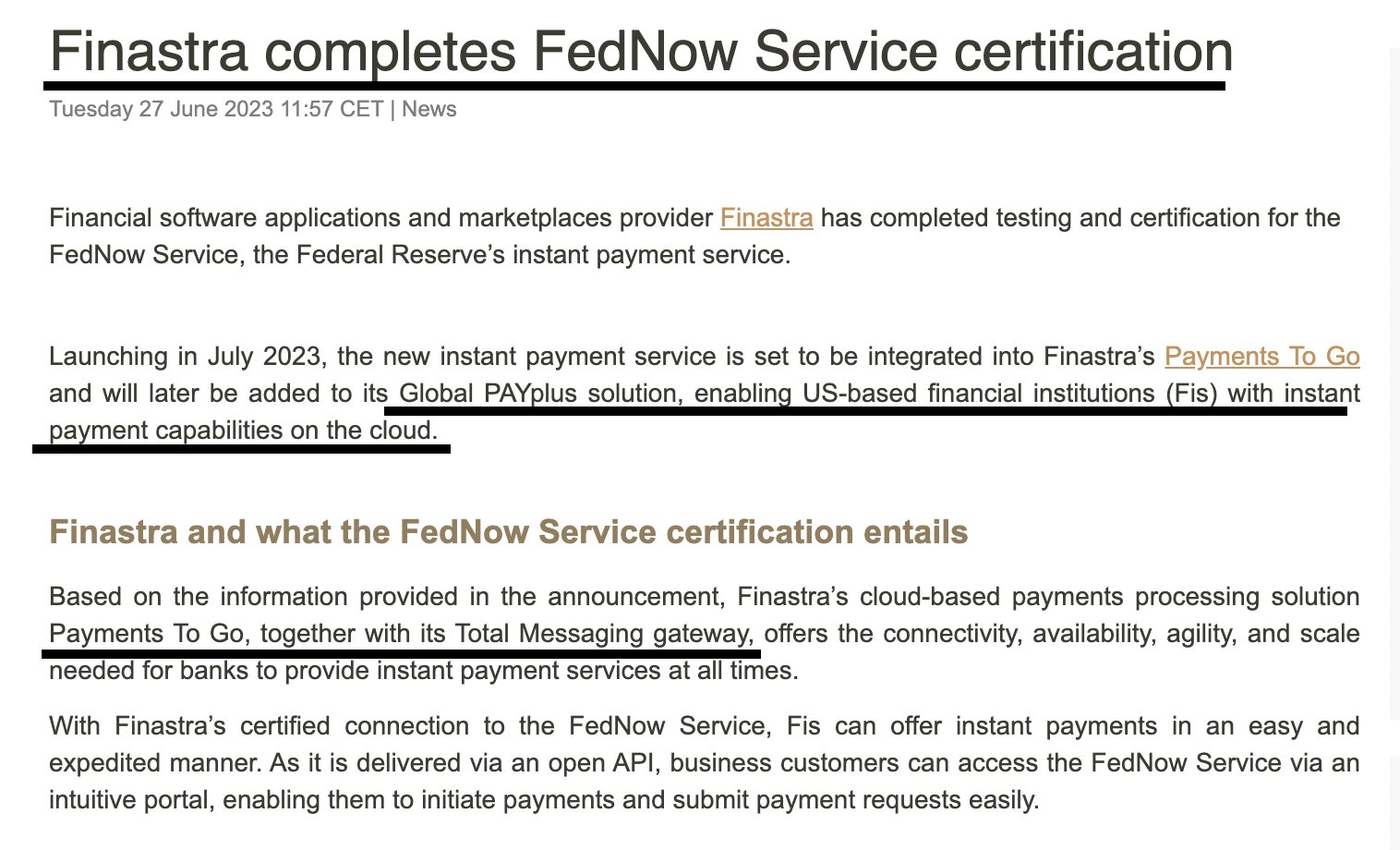 King Solomon on Twitter: "June 27th, 2023 ⚡Finastra completes FedNow  Service Certification - Global PAYplus &amp; Total Messaging Solution are  both interesting here. ⚡Finastra is ODL enabled &amp; can use $XRP ⚡Finastra