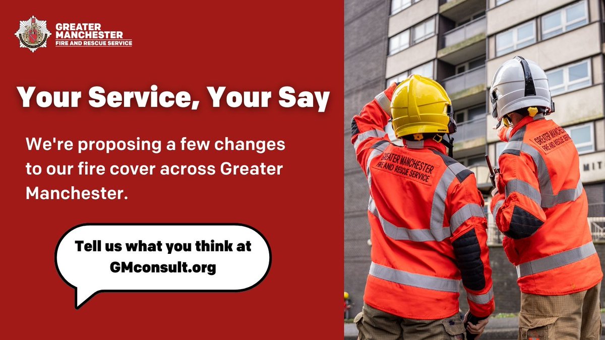 📣 We’re planning to make some changes to our fire cover and special appliances across Greater Manchester to meet the changing risks and demands we face. 📝 But first we want to hear your thoughts – our consultation is open until 24 July 2023. 🔗 Visit: gmconsult.org/gmfrs/fire-cov…